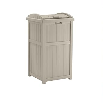 Suncast 33 Gallon Hideaway Trash Can for Patio - Resin Outdoor Trash with Lid - Use in Backyard, Deck, or Patio - Taupe
